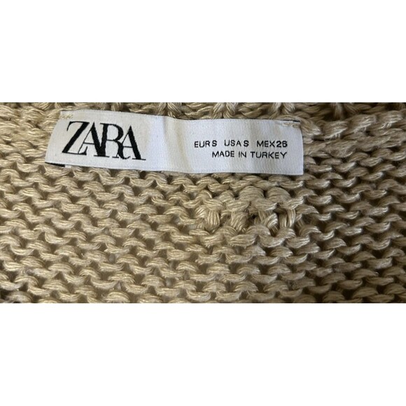 Zara Pom Pom Cropped Beige Linen Blend Open Knit Oversized Sweater Size S - Picture 9 of 10